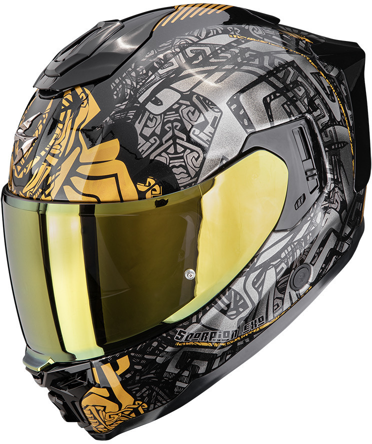 black and gold scorpion helmet Covert Face Mask Apex Matte Black/Gold Amplified ventilation performance by creating a venturi effect pulling heat and humidity out of the integrated exhaust vents SCORPION EXO EXO-T520 Helmet Golden