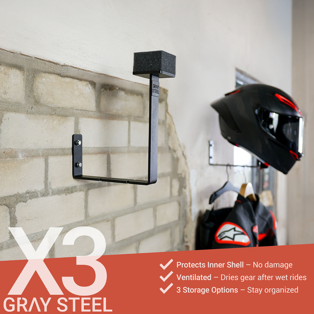Gray Steel X3 Helmet & Gear wall mount Matt Black