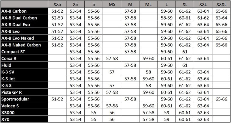 Agv Sport Modular Size Chart