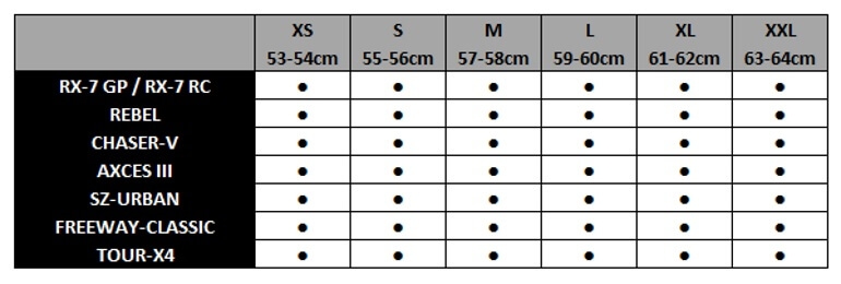 Arai Cheek Pad Size Chart