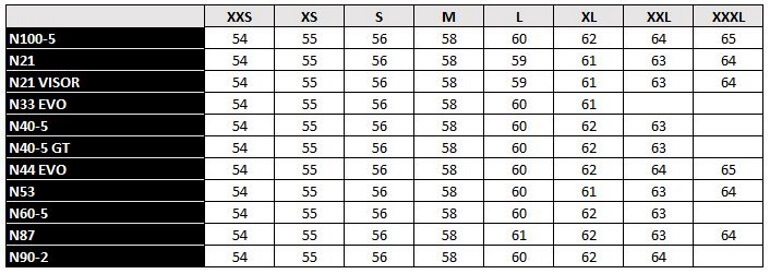 Nolan N87 Size Chart